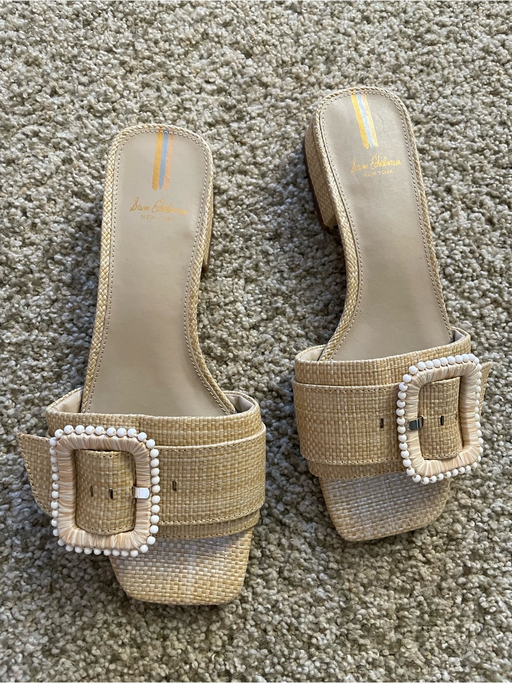 Sam Edelman Natural Raffia Beaded Buckle Slide Mules